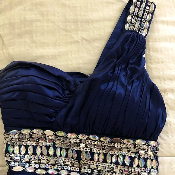 Macy’s Navy Blue Jeweled One Shoulder Elegant Dress Size 3 - Picture 3 of 7